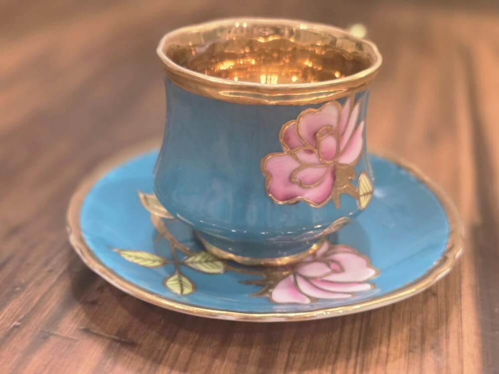 Vtg Japanese Turquoise & Gold Teacup Saucer Set Raised Pink Rose - Picture 3 of 12